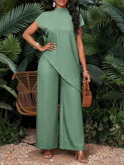 SHEIN Lady 2pcs Women's Solid Color Stand Collar Asymmetric Hem Short Sleeve Top And Long Pants Set