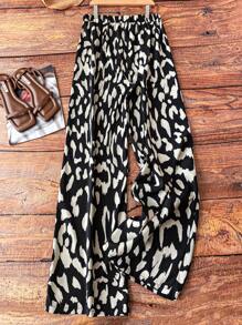 SHEIN Tall Plus Size Women Elastic Waist Casual Leopard Print Straight-Leg Pants