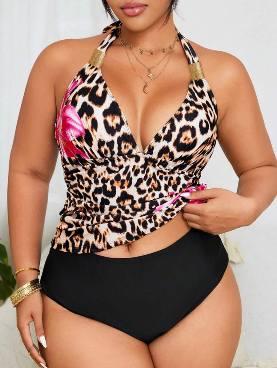Swim Lushoire 大码女式两件套深V领豹纹数码印花露背性感比基尼套装