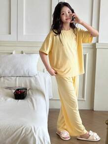 DAZY 青少年女孩休闲日常穿着圆领短袖上衣和裤子两件套睡衣套装 - 黃色 - 查看 5