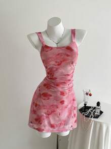 Chiquease Women Floral Print Mesh Patchwork Spaghetti Strap Mini Dress