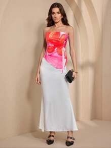 Almamuse Blusa de vacaciones con Top tubo asimétrica con estampado floral oversize para mujer