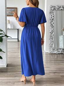 SHEIN Clasi Plus Size Women's French Style Vacation Casual Elegant Sweetheart Neck Twist Front A-Line Puff Sleeve Lantern Sleeve Long Maxi Dress, Spring/Summer - Royal Blue - View 2