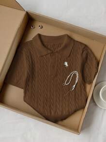 Comfortcana 女式棕色短袖休闲针织上衣，夏季 - 棕色 - 查看 5