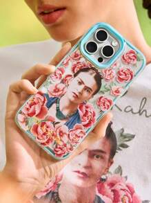 Frida Kahlo X SHEIN Funda de teléfono móvil con gráfico de figura, transparente en azul verdoso, duradera y de moda, compatible con iPhone