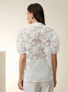 Anewsta Blusa estiva da donna a maniche a palloncino in tessuto jacquard semi-trasparente con lavorazione traforata - Bianco - Visualizzare 3