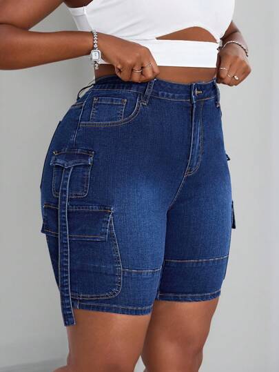 SHEIN SXY Plus Size Women Stretchy Denim Cowgirl Shorts, Multi Pockets Casual Spring Skinny Shorts Spring Festival Club Sexy Cargo Shorts