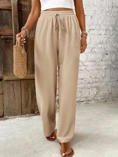 SHEIN PETITE CURVE Plus Size Women Solid Color Straight Full Elastic Waist Drawstring Casual Pants Valentine's Day