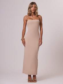 MUSERA ESSENTIALS 柔软触感抹胸修身连衣裙，适合伊比沙岛度假、海滩度假、夏季假期、生日约会、秋季晚宴等场合。 - 棕色 - 查看 4