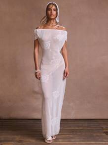 Musera Resort Floral Knit Off The Shoulder Asymmetric Drape Maxi Dress Head Scarf Summer Ibiza Fits Holiday Vacation Sexy Romantic Sagradabridal Hen Do Beach 4th July Wedding Bachelorette Spring Elegant - White - View 2