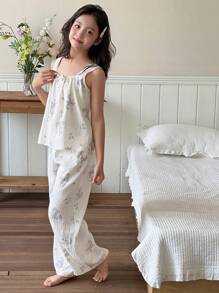 DAZY Conjunto de top de camisa y pantalones con estampado floral pequeño para niña preadolescente, ropa de regreso a la escuela