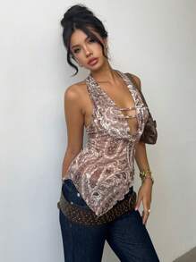 Aloruh Parte superior elegante y sexy para mujer, ideal para festivales de música, conciertos, uso diario y casual, estilo Y2K para chicas jóvenes, parte superior retro de malla tejida con estampado marrón, estilo bohemio chic para vacaciones, escote en V profundo, cuello halter, espalda descubierta, camisola con estampado de flor de anacardo, atuendos para graduación y regreso a la escuela