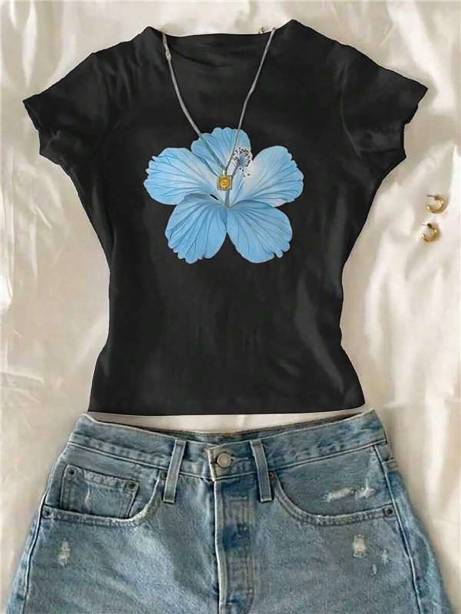 SHEIN Tween Girls Floral Print Crew Neck Short Sleeve T-Shirt, Summer Young Girl Summer Tops Women Summer Outfits Summer Outfits For Girls Outfits For Girls Summer