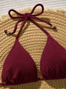 Bellisia 女士纯色露背性感比基尼泳装套装，夏季海滩 - 酒紅色 - 查看 4