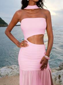 Opulessa Đầm bodycon xẻ cao thiết kế dệt kim đơn giản cho nữ - Hồng - Xem 8