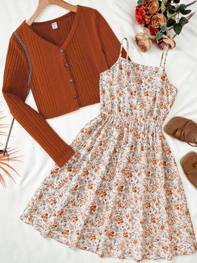 SHEIN 2 件套青少年女孩爆米花针织开衫外套上衣和复古碎花吊带背心连衣裙休闲度假装