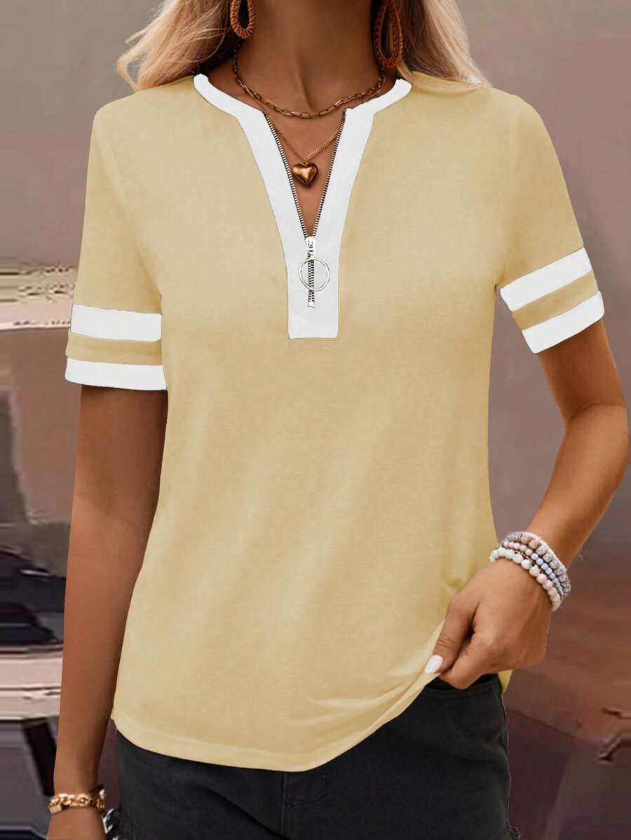 SHEIN LUNE Zipper Half Placket Striped Short Sleeve T-Shirt Graphic Tees Women Tops