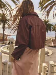 Aralina Winter Leather Look PU Cropped Jacket With Patch Pockets - Black - View 2