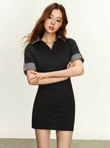 INAWLY Abito aderente da donna con collo polo, a maniche corte, con scollo a V, in stile colorblock e patchwork a quadri, adatto per uscite quotidiane, eleganti spostamenti, appuntamenti - nero - Visualizzare 6