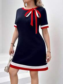 Chikora 大碼彩塊拼接蝴蝶結裝飾圓領短袖夏季連衣裙 - 彩色 - 查看 1