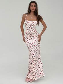 Aloruh Romantic Date Ditsy Floral Spaghetti Strap Backless Dress With Mermaid Hem, Pink & White, Spring/Summer
