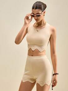 Muvela Stylish Knit Crop Top And Shorts Set For Women Apricot Scalloped Knitwear Outfit