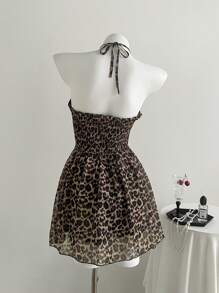 Chiquease Women's Leopard Print Split Hem Sexy Halter Neck Sleeveless Tank Top, Summer - Dark Green - View 2