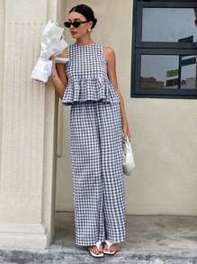 Siren Gaze 2025年波西米亚风夏季女装：格子荷叶边无袖露背上衣和阔腿裤套装 - 适合度假、节日、海滩休闲两件套，采用透气亚麻质感面料。女士夏季服装，女士夏季套装，夏季服装，夏季工作连衣裙，女士服装，格子套装，两件套，女士格子两件套，休闲两件套，夏季两件套，格子套装，方格两件套，格纹 - 藏蓝色 - 查看 3