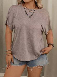 SHEIN VCAY 加大码女款撞色蕾丝后背扭纹蝙蝠袖短袖 T 恤，适合夏季 Y2K 露背上衣、女款外出上衣、女款街头潮流朋克露背装、返校装、乡村音乐会装、西部摇滚风、秋季机场装、复古风、约会之夜、办公室装、波西米亚风、复古旅行装、机场俱乐部装 - 杏色 - 查看 6