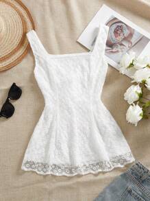 Modelyn Top sin mangas de mujer con cuello cuadrado, en unicolor con aplicaciones de encaje, elegante para el verano - Blanco - Ver 2
