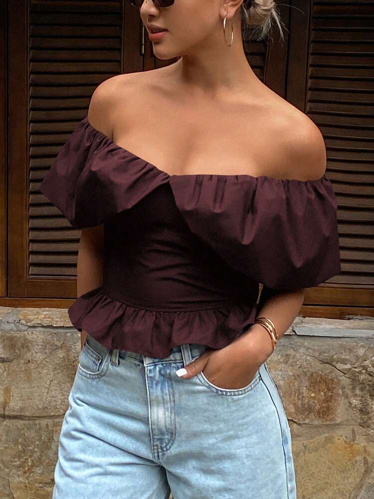 Women's Solid Color Strapless Off Shoulder Elegant Cropped Blouse, Autumn Going Out Tops