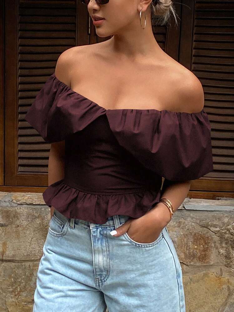 Strévra Blusa corta de mujer para otoño, unicolor, sin tirantes, cuello , elegante y fruncida - Burdeos - Añade 7