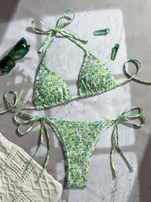 Swim Mod Women's All-Over Print Halter Twist Front Split Bikini Set For Summer Beach Vacation - Multicolor - View 1
