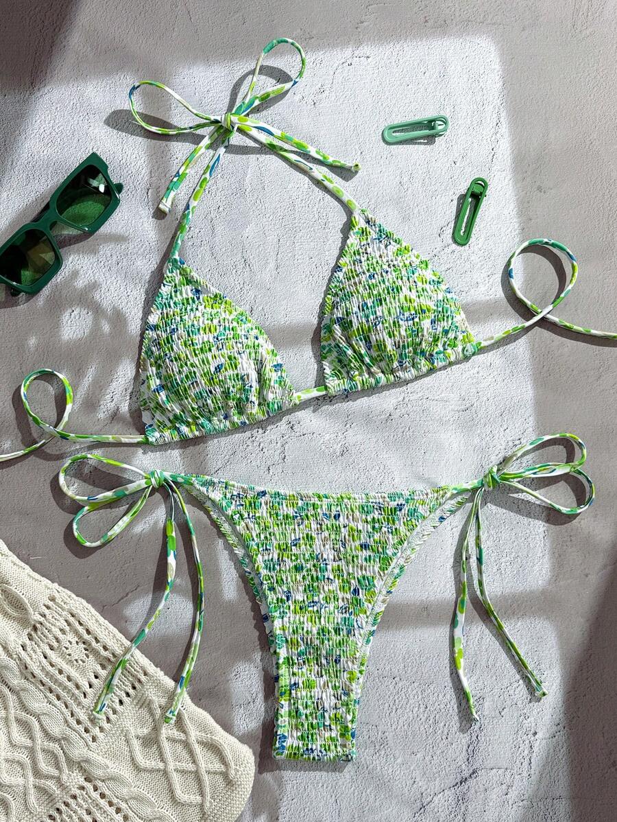 Swim Mod Women's All-Over Print Halter Twist Front Split Bikini Set For Summer Beach Vacation - Multicolor - View 1