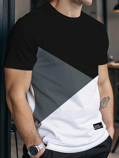 Manfinity Homme Men's Contrast Color Round Neck Casual Short Sleeve T-Shirt, Versatile For Summer Men Fashion T Shirt