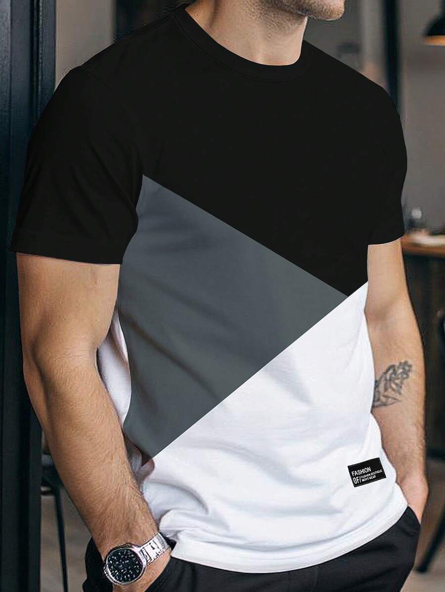 Manfinity Homme 男士撞色圆领休闲短袖T恤，夏季百搭 - 黑色 - 查看 1