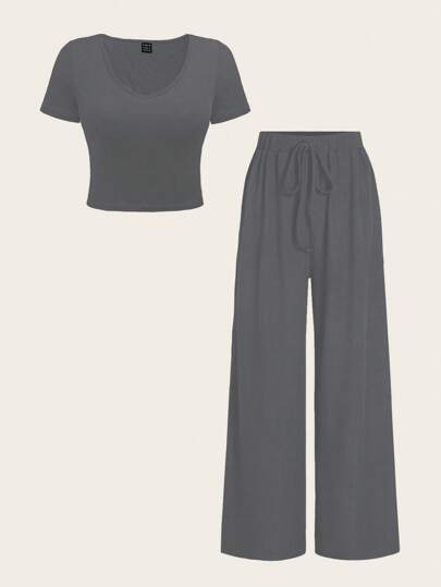 Chiquease 2pcs Solid V-Neck Short Sleeve T-Shirt And Knot Detail Wide Leg Pants Set
