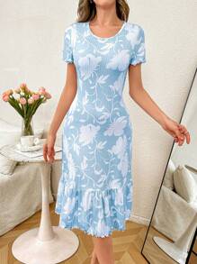 SHEIN Women's Casual Round Neck Lettuce Hem Ribbed Floral Print Short Sleeve Nightgown Summer Nightgown - Blue - View 4