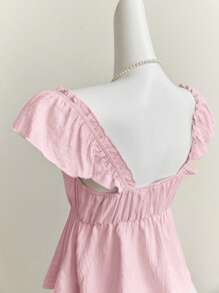 Elamini Top court bleu voluptueux avec encolure dégagée, sans manches et volants pour fille