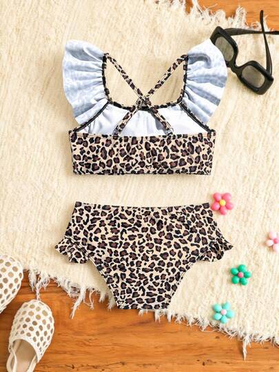 SHEIN Bộ bikini 2 mảnh họa tiết da báo viền bèo nhún thời trang mới nhất cho bé gái