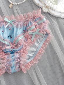 Romantic Countryside Style Satin Lace Ditsy Floral Bow Ruffle Trim Bloomer Briefs, Light Blue, For Teenage Girls Girl Panties For Kids Little Girls Underwear Silk Lace Bra - Baby Blue - View 4