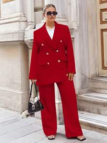 EURMUSE Women's Plus Size Simple Solid Color Daily Suit Set - Red - View 4