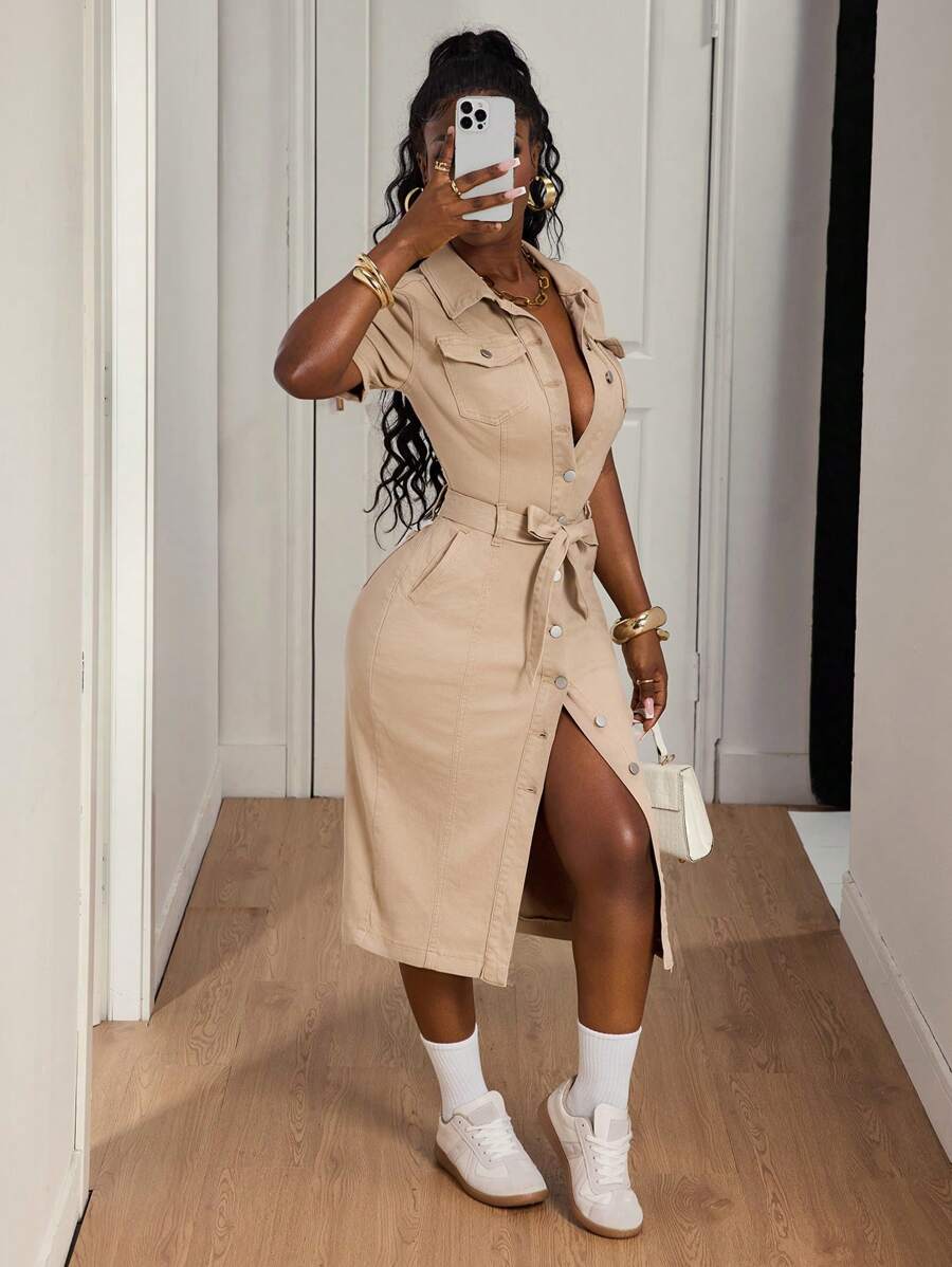 Slaydiva 女士纯色休闲牛仔短袖连衣裙 - 杏色 - 查看 1