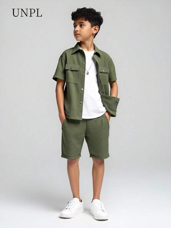 SHEIN 2 pezzi/set, camicia cargo e bermuda alla moda e versatili per ragazzi, stile streetwear per l estate