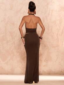 SHEIN BAE Summer Women's Clothing Halter Neck Metal Button Decoration Shiny Top & Hip Fishtail Women's Skirt/Two Pieces Set Women/Elegant Two Pieces Suit/Vacation Two-Piece Suits/Birthday Ladies Outfits/ Brown Two-Piece Set