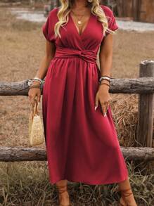 EMERY ROSE Women Plus Size Cross Shirred Waist Tie Cinched Waist Drop Shoulder Ruffle Sleeve Mid-Length Dress, Casual Commuting Vacation Wear Spring/Summer