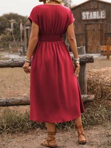 EMERY ROSE Women Plus Size Cross Shirred Waist Tie Cinched Waist Drop Shoulder Ruffle Sleeve Mid-Length Dress, Casual Commuting Vacation Wear Spring/Summer