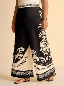 CAJUNI Plus Size Women's Boho Black & White Floral Print Straight Leg Casual Pants, Suitable For Beach/Holiday, Summer & Autumn - Multicolor - View 5