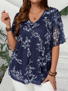 EMERY ROSE Plus Size Women V Neck Short Sleeve Floral Print Ruffle Sleeve Tunic Blouse,Summer Holiday,Vacation,Simple And Fashionable For Everyday Wear,Teacher - Navy Blue - View 6