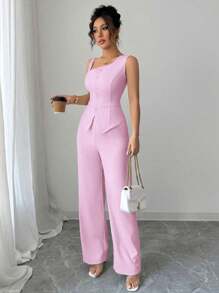 Elenzga Conjunto de traje de mujer con camisa de tirantes y pantalón recto para primavera/verano - Rosado Sandía - Ver 5